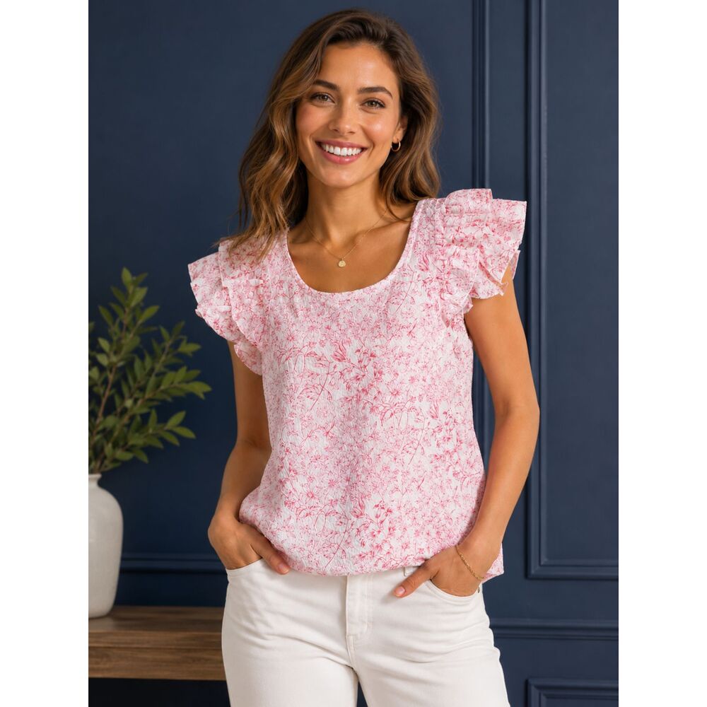 Falechay Pink Floral Boho Top XS Ruffle Sleeve Cottagecore Bow Back Blouse